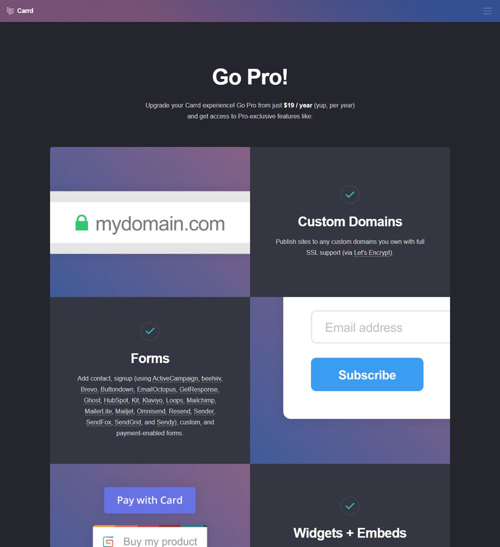 Carrd Pro plans page showing Go Pro from $19 per year with custom domains, forms and widgets