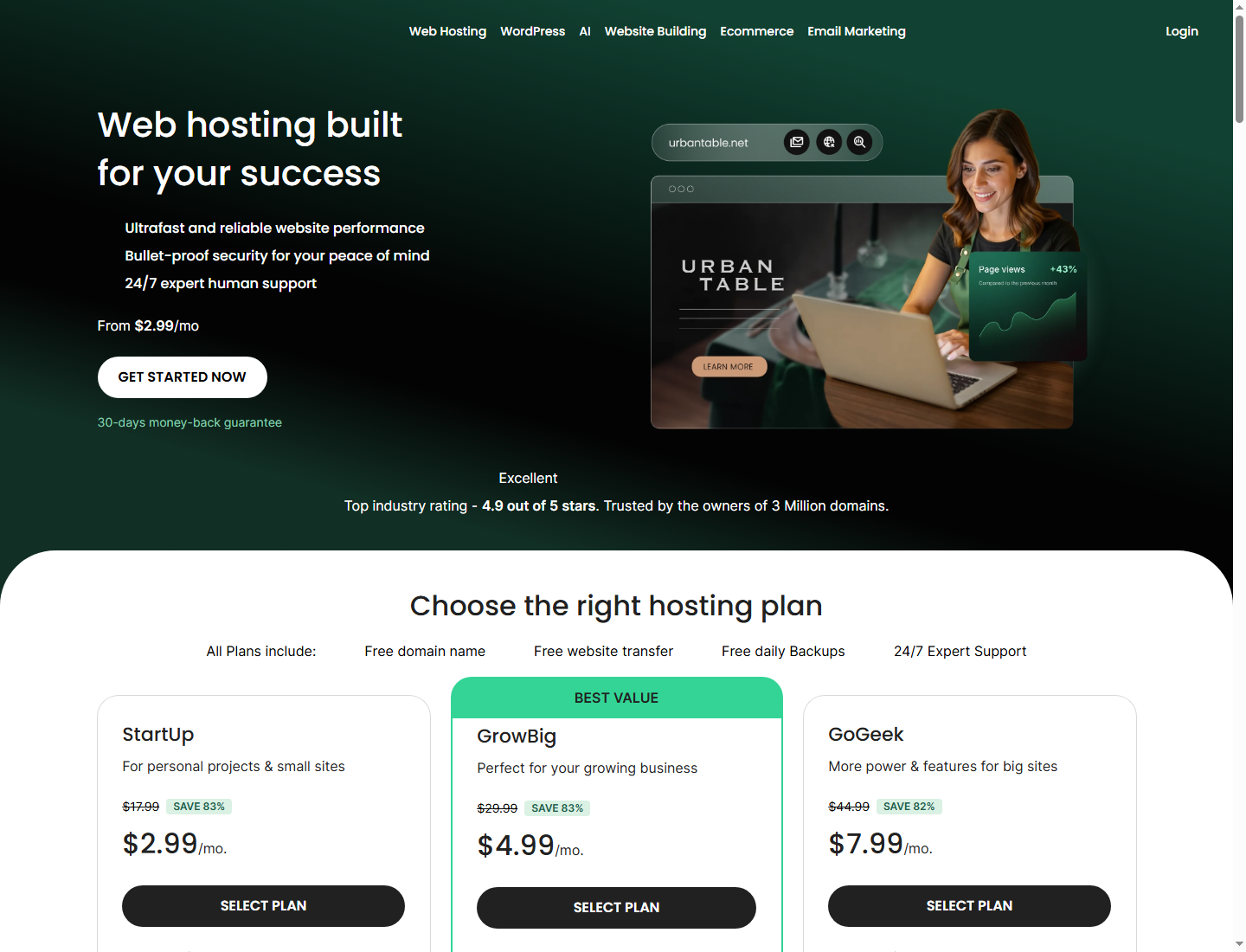 SiteGround StartUp plan pricing page — $2.99/mo intro
